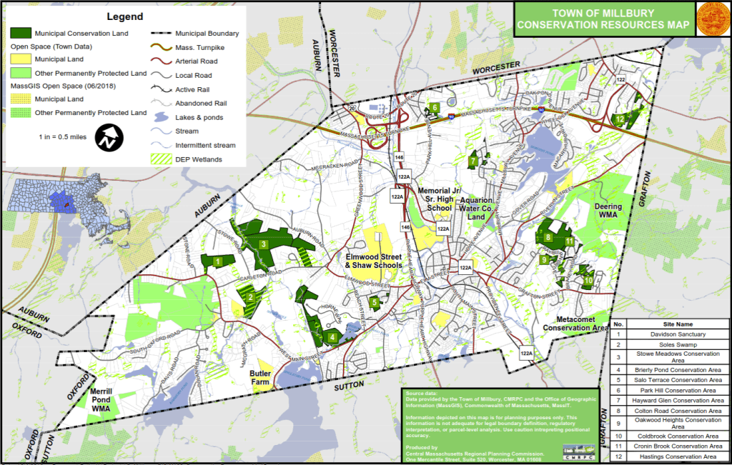 A map of conservation areas in Millbury.